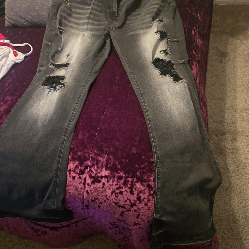 Edgy Distressed Women's Flare Jeans in Charcoal